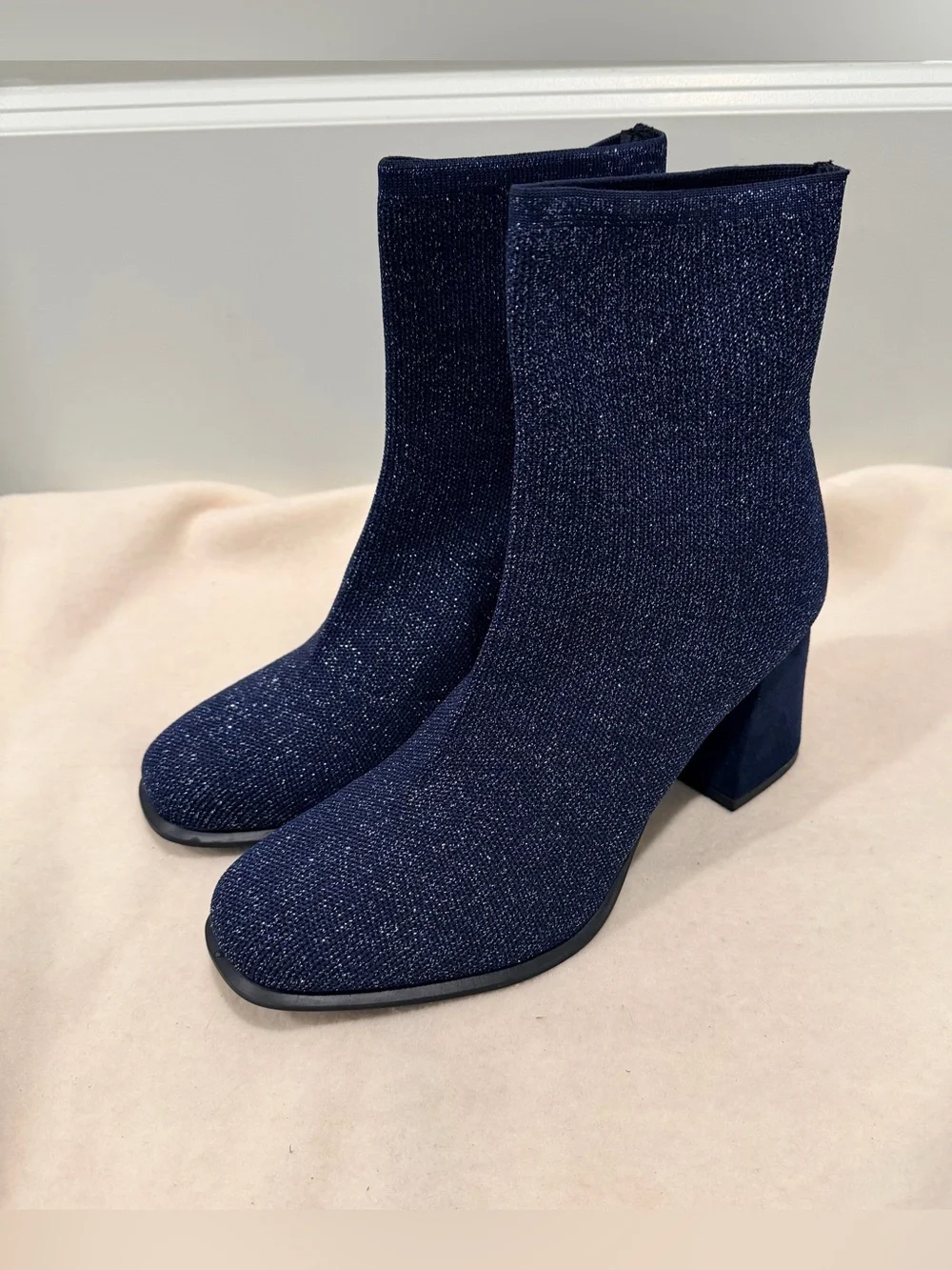 MIA Piana Navy/Silver Glitter Knit Sock Ankle Boots Size 9